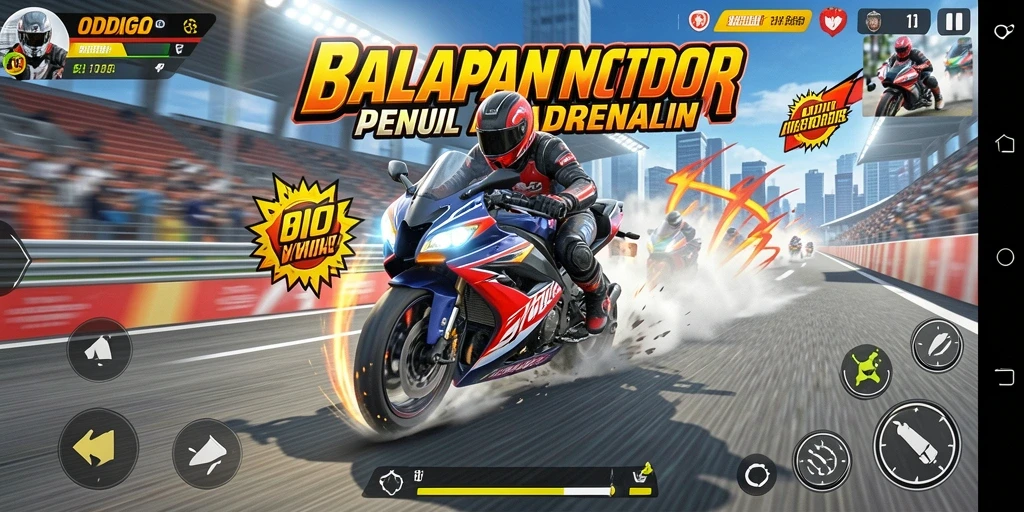 Screenshot ODDIGO menampilkan balapan seru dengan sepeda motor cepat.
